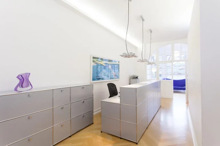 Empfangsbereich mit Tresen und grauen Sideboards, im Hintergrund das Wartezimmer